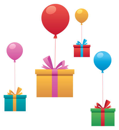 Bright colored gift boxes tied to ribbons rise into sky on balloons.のイラスト素材