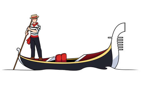 Cartoon Illustration With Gondolier Paddling Gondola Along Venetian Channel のイラスト素材 イメージマート