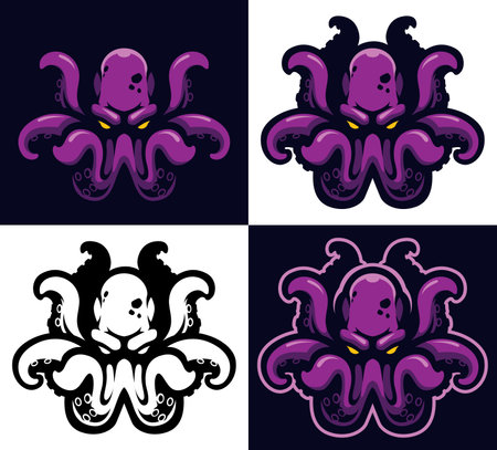 Mascot illustration of the creepy underwater Kraken monster with powerful purple tentacles and glowing eyes, ready attack.のイラスト素材