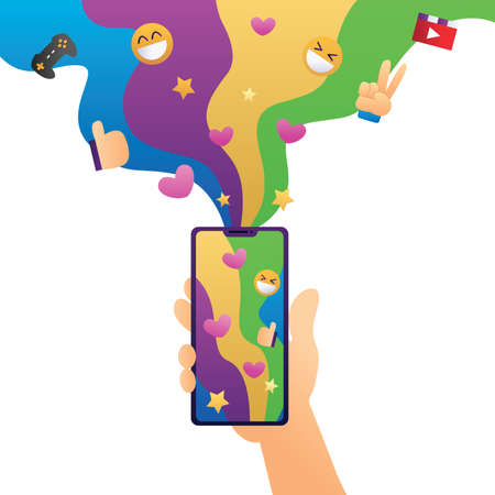 Concept illustration for smartphone entertainment, with wave of apps for gaming, videos and social media.のイラスト素材