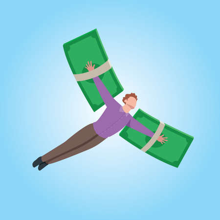 Conceptual illustration for financial freedom, depicting man flying on wings made of currency bills.のイラスト素材