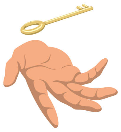Conceptual illustration depicting human hand and a golden key floating above it.のイラスト素材
