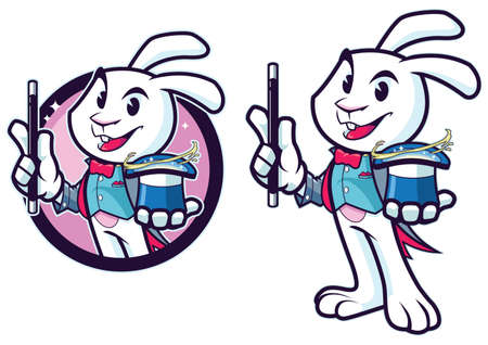 Mascot with cartoon rabbit magician performing magic trick.のイラスト素材