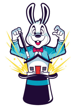 Mascot with cartoon rabbit magician pulling house out of his hat.のイラスト素材