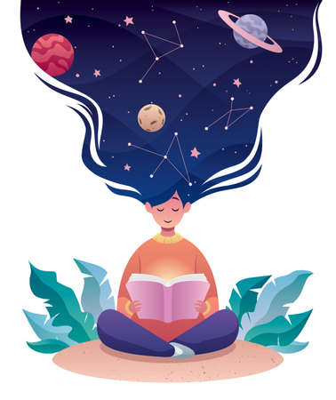 Flat design illustration of a young woman reading a book about astrology or astronomy.のイラスト素材