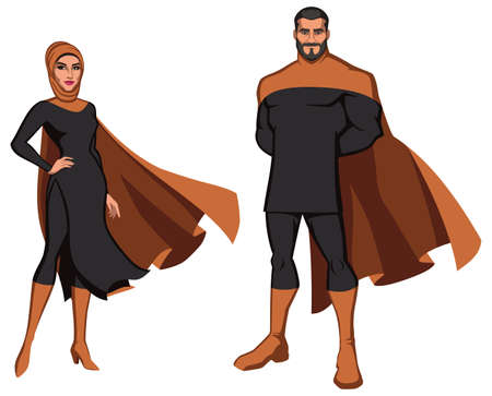 Male and female superheroes from the Middle East, standing tall on white background.のイラスト素材