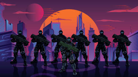 Illustration of futuristic soldier squad in high-tech exoskeleton armor suits, in futuristic city at sunset.のイラスト素材