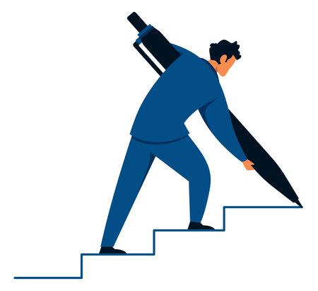Flat design concept illustration with businessman creating stairs for himself on his way to success and riches.のイラスト素材