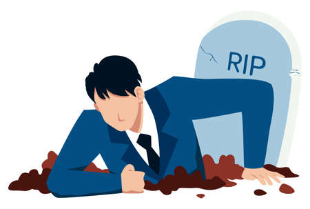 Flat design concept illustration with businessman digging himself out of his grave, as a metaphor for business recovery.のイラスト素材