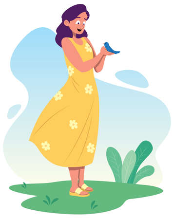 Full length illustration of young woman holding little blue bird in her hands.のイラスト素材