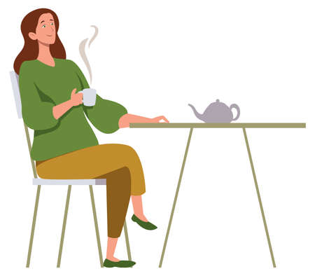 Flat design illustration with young woman relaxing while drinking tea on white background.のイラスト素材