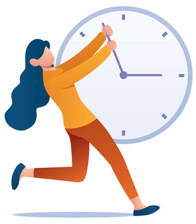 Flat design illustration with young woman trying to bring back the hands of the clock.のイラスト素材