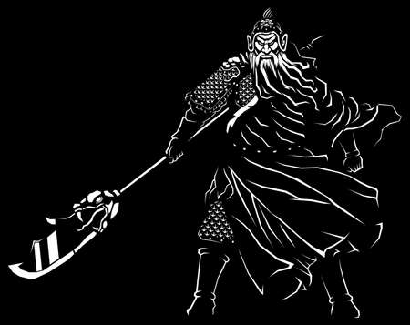 Black and white illustration of the legendary Chinese general Guan Yu.のイラスト素材