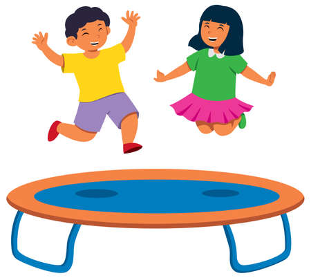 Cartoon illustration with small children jumping on trampoline.のイラスト素材