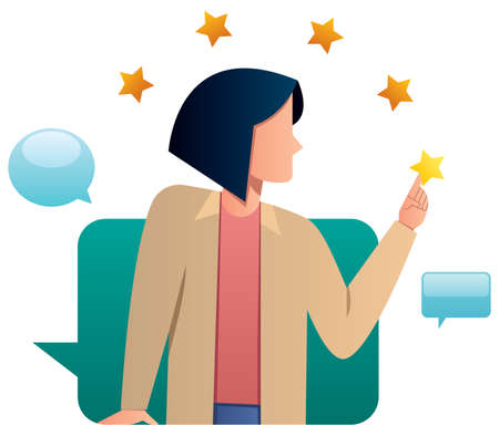 Flat design illustration with woman giving good rating to website, app or service.のイラスト素材