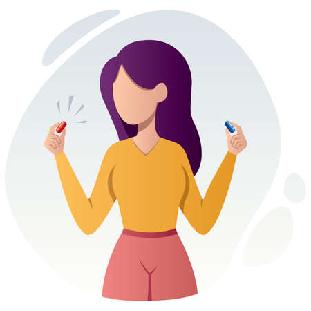 Flat design illustration with woman choosing the red pill.のイラスト素材