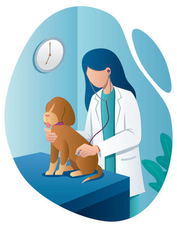 Flat design illustration with veterinarian doctor examining a dog patient.のイラスト素材