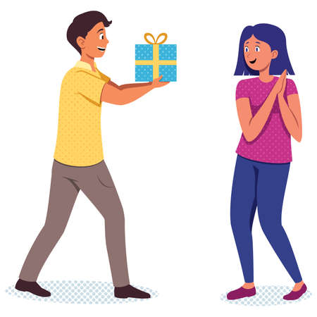 Cartoon illustration with young man bringing gift to his beloved girl.のイラスト素材