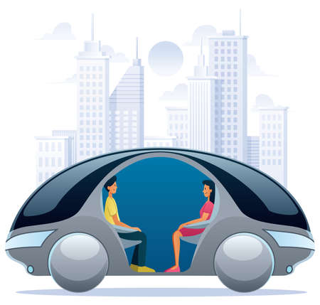 Flat design illustration with cartoon characters riding in autonomous car across the city.のイラスト素材