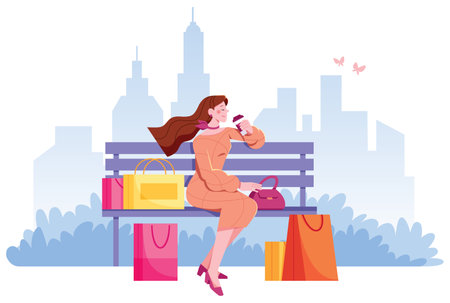 Woman Resting After Shoppingのイラスト素材