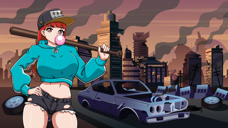 Anime Bat Girl in Ruined Cityのイラスト素材