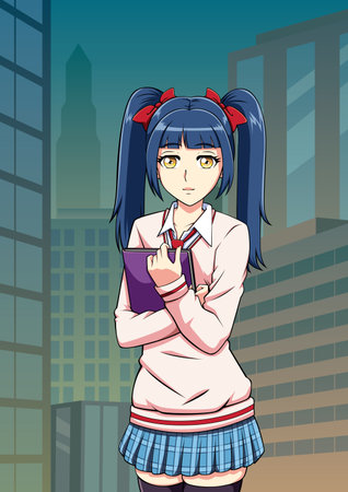 Anime Manga Schoolgirl Holding Bookのイラスト素材