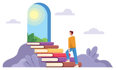 Man Climbing Book Stairs on Whiteのイラスト素材