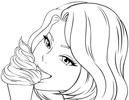 Manga Girl Eating Ice Cream Line Artのイラスト素材