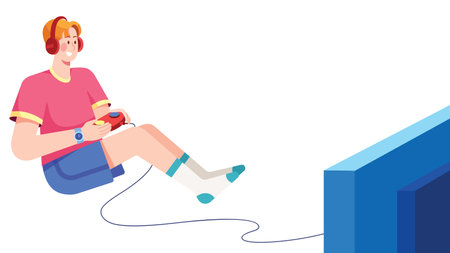 Teenager Playing Video Games on Whiteのイラスト素材
