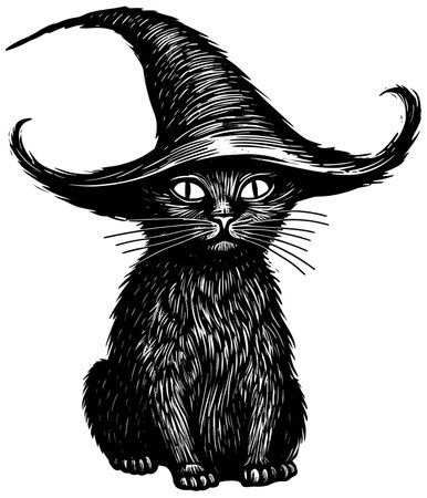 Black Cat with Witch Hat on Whiteのイラスト素材