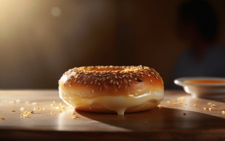 Creme brulee bagel, creme bruleegle on neutral background. French toast bagel. Generative AIの素材