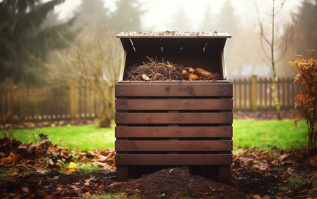 Compost bin with food scraps and grass cuttings in autumn garden. Generative AIの素材