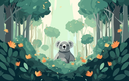 Wild koala in the eucalyptus forest. Mammals wildlife in natural habitat. Flat vector illustration conceptのイラスト素材