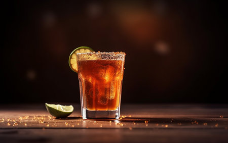 Michelagua or michelada glass with a slice of lime on the top. Mexican cold summer drink and beverageの素材