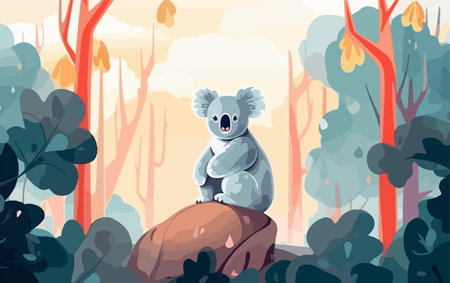 Wild koala in the eucalyptus forest. Mammals wildlife in natural habitat. Flat vector illustration conceptのイラスト素材