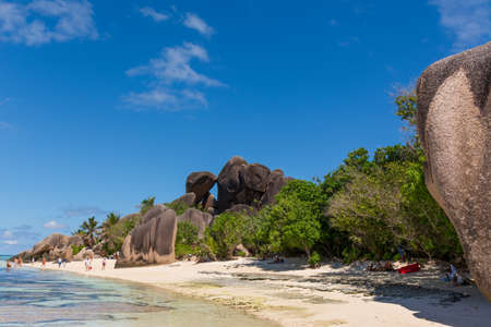 La Digue, Seychelles - 3rd December, 2016: Large rocky boulders on the beach of Anse Source D'Argent, one of the most photographed beaches in the world.のeditorial素材