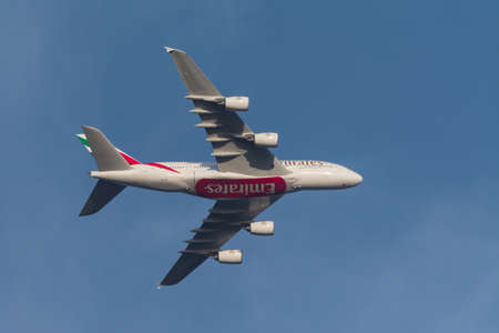 Albion, Mauritius - 17th December, 2017: An Emirates Airlines flight, super jumbo A380 flying high...
