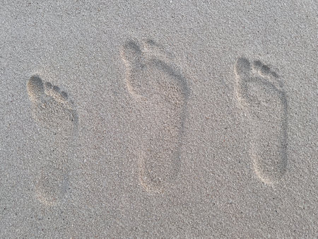 Three human footprints of varying sizes on the sand of a tropical beach.の写真素材