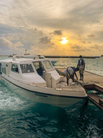 Hulhumale, Maldives - 1st May, 2022 : A motor boat or speed boat used to ferry people to private...