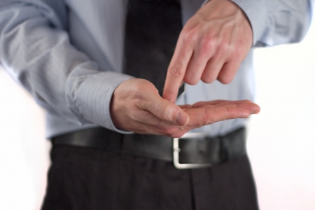 The picture shows a man making a gesture の写真素材