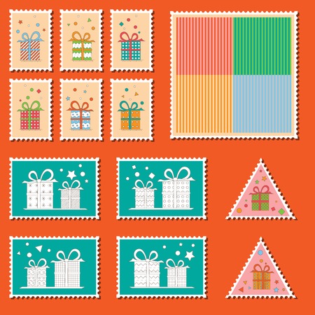 Large set of colorful CHristmas postage stamps. Vintage New Year decoration elements.のイラスト素材