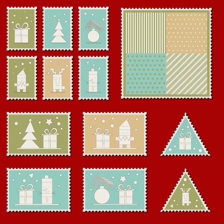 Large set of colorful Christmas postage stamps. Vintage New Year decoration elements.のイラスト素材