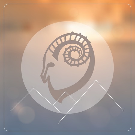 Stylized hipster silhouette of goat\'s head inside the circle on blured background. Ibex sign with mountains. Vector illustration.のイラスト素材
