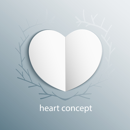 Paper origami heart concept in branch frame. Vector Heart on Frozen glass  backround with ice floral ornament. Shape of isolated vector carved heart.のイラスト素材