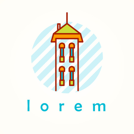 Monument and building thin line colorful vector icon in circle. Cartoon logo, badge and label of building on striped background.のイラスト素材