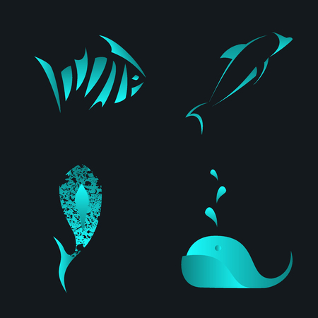 Set of fish, whale and dolphin abstract vector icon and logo templates. Sea vector design element on dark background. Seafood shop, restaurant and cafe logo. Editable.のイラスト素材