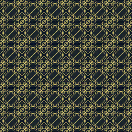 Vector dark seamless pattern with interweaving of thin lines. Decoration graphic in mono line style. Simple abstract ornamental gray and gold illustration. Linear, art deco, vintage, hipster style.のイラスト素材