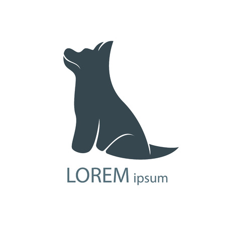 Silhouette of sitting dog looking upwards. Monochrome hand drawn logotype of dog isolated on white background. Easy editable. Vector concept design which can be used on print, cover or tattoo design.のイラスト素材