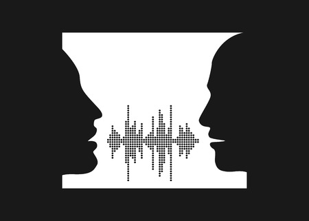 illustration of two people talk face to face. Silhouettes of talking man and women in the window. Two people share words in sound wave equalizer.のイラスト素材