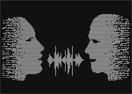 illustration of two people talk face to face. Pixel silhouettes of talking man and women. Two people share words by sound wave equalizer.のイラスト素材